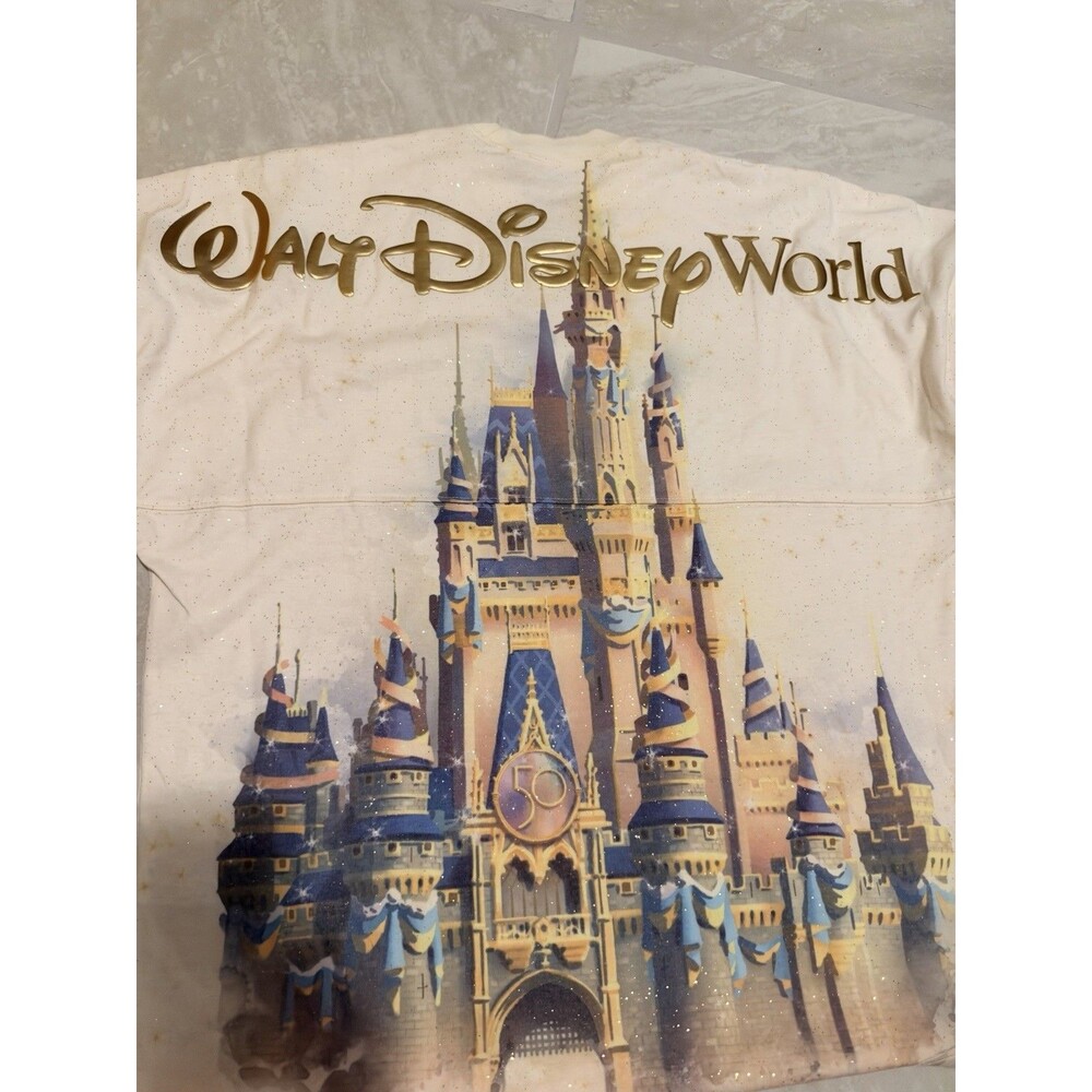 WDW 50th Anniversary Spirit Jersey Cream w/Gold Glitter & Castle 2023 Small
